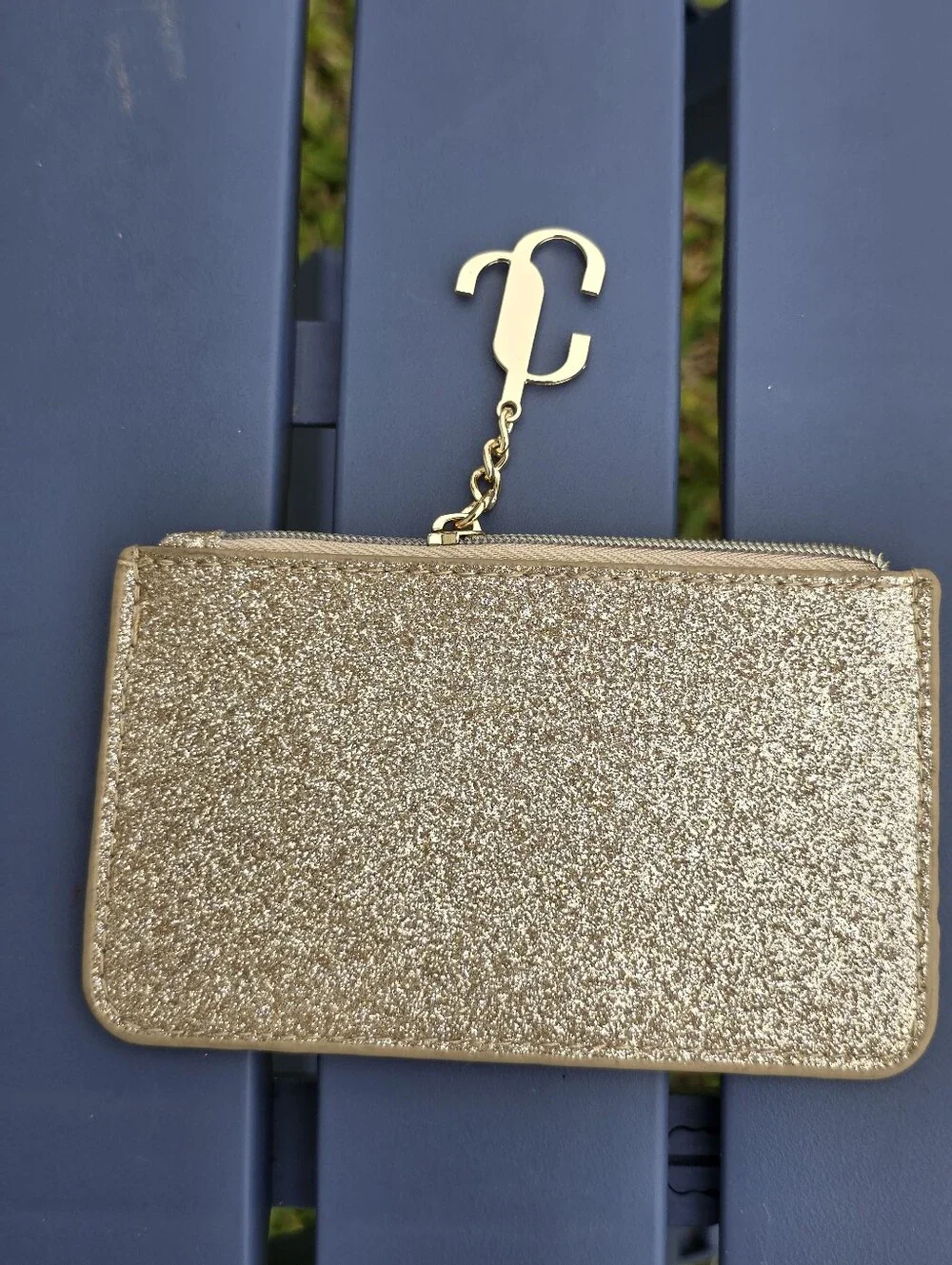 Jimmy Choo Parfums Gold Glitter Zip Pouch Cosmetic Makeup Bag Clutch NWOT 3x5